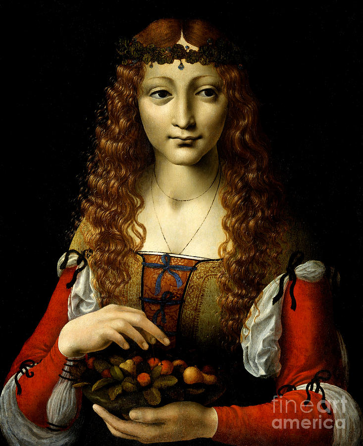 Fruit Painting - Girl with Cherries by Giovanni Ambrogio de Predis