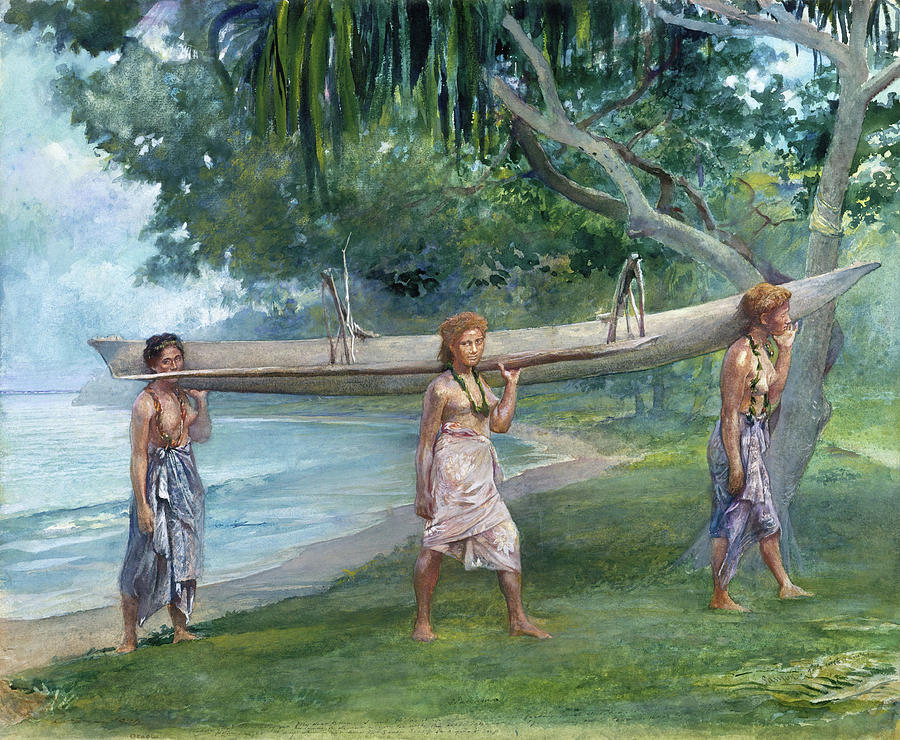 Girls Carrying a Canoe, Vaiala in Samoa. #2 Painting by John La Farge