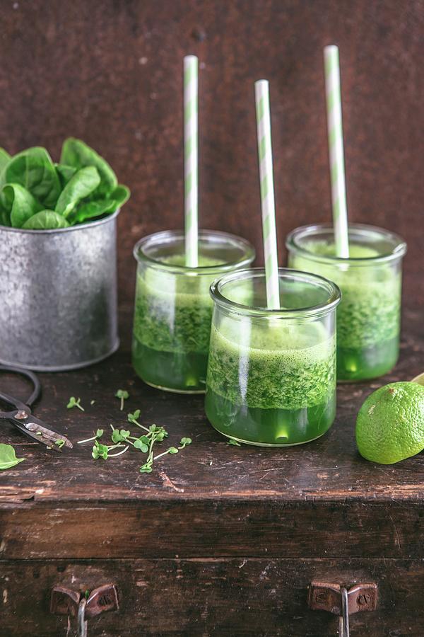 Green Smoothies With Spinach, Lime And Cress #2 Photograph by Aniko Takacs