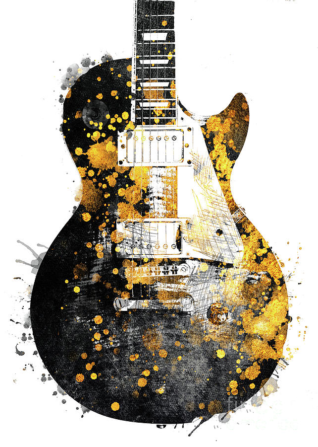 Guitar music art gold and black #2 Digital Art by Justyna Jaszke JBJart