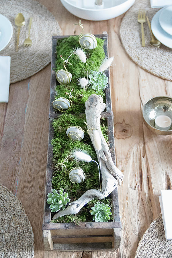 Handmade Table Centrepiece With Snails Made From Pebbles And Wire #2 Photograph by Astrid Algermissen