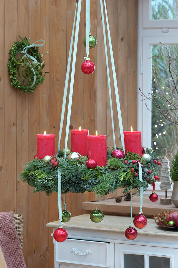 Hanging Christmas Wreath With Red Candles #2 Photograph by Friedrich Strauss