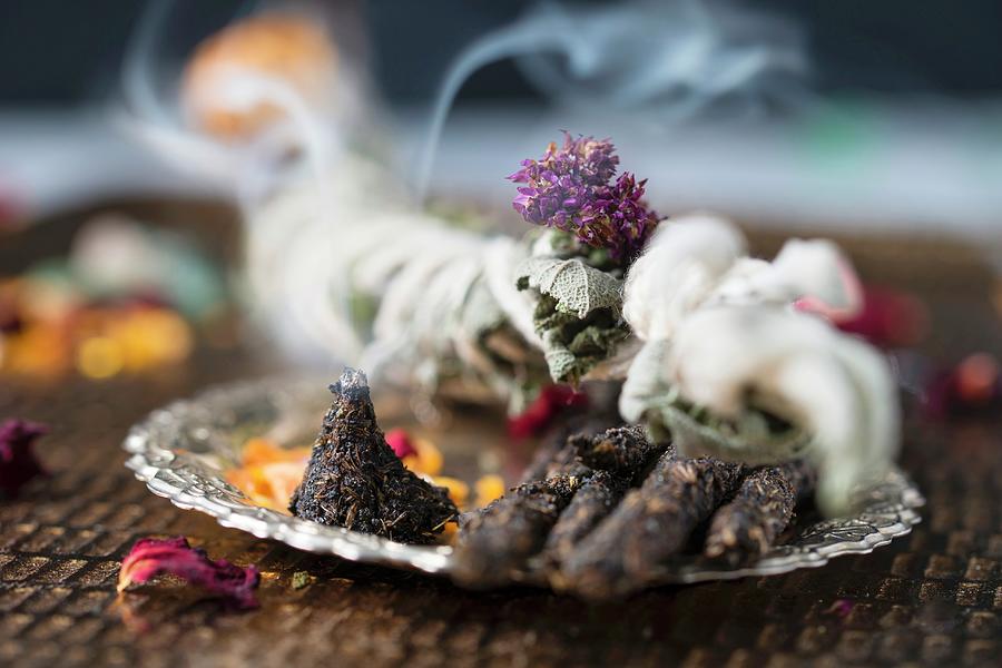 Homemade Incense Sticks, Cones, And Herbs For Smoking #2 Photograph by Mandy Reschke