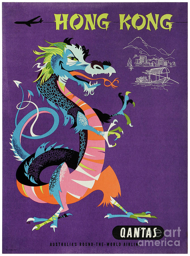 Hong Kong Vintage Travel Poster Restored Drawing