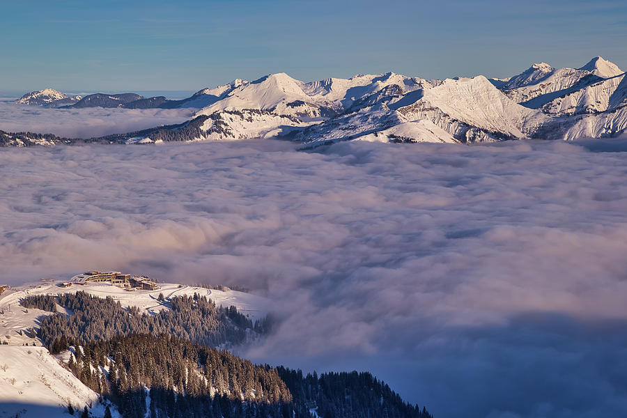 Inversion In Valley And Illuminated Mountain Peaks Photograph By Pavel 