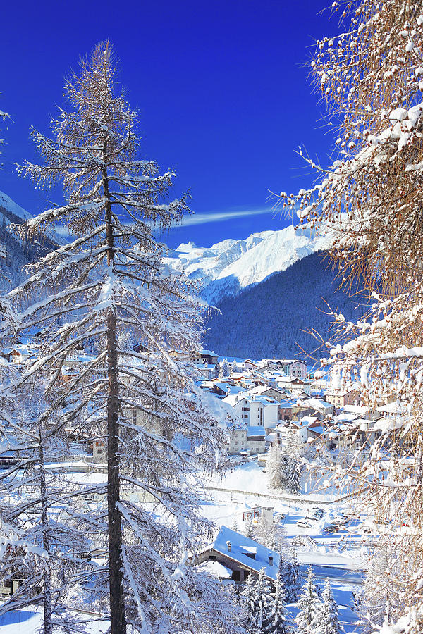 Italy, Aosta Valley, Aosta District, Alps, Val Di Cogne, Cogne, The Village Of Cogne And The Gran Paradiso Group In Background After A Winter Snowfall #2 Digital Art by Davide Carlo Cenadelli
