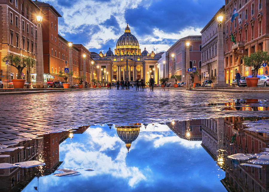 Italy, Latium, Roma District, Vatican City, Rome, St Peters Square, St Peters Basilica, Basilica With Its Dome Reflecting In A Pool Of Water #2 Digital Art by Luigi Vaccarella