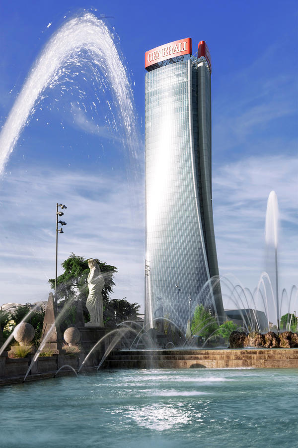 Italy, Lombardy, Milano District, Milan, The Four Seasons Fountain And Hadid Tower Known As The Twisted One #2 Digital Art by Bruno Cossa