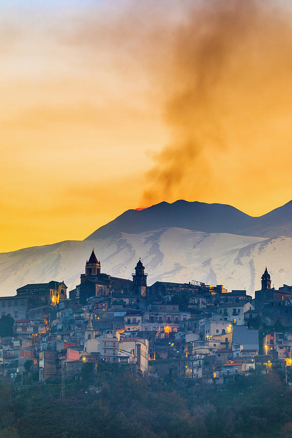 Italy, Sicily, Catania District, Mount Etna, Castiglione Di Sicilia, Town With Mount Etna In Background, Eruption #2 Digital Art by Alessandro Saffo