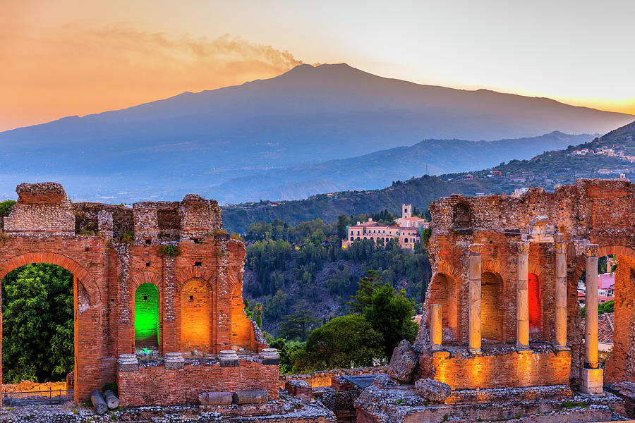 Italy, Sicily, Messina District, Ionian Coast, Ionian Sea, Taormina, Greek Theatre, Mount Etna In The Background #2 Digital Art by Alessandro Saffo