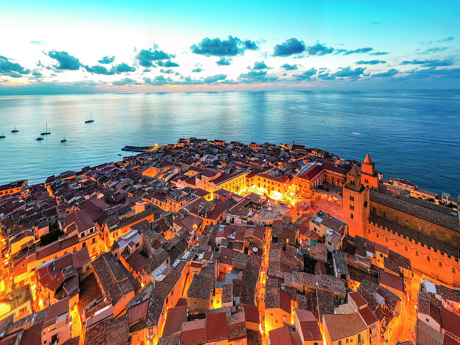 Italy, Sicily, Palermo District, Mediterranean Sea, Tyrrhenian Sea, Cefalu, Cefalu Rooftops View At Night With The Cathedral And The Sea #2 Digital Art by Antonino Bartuccio