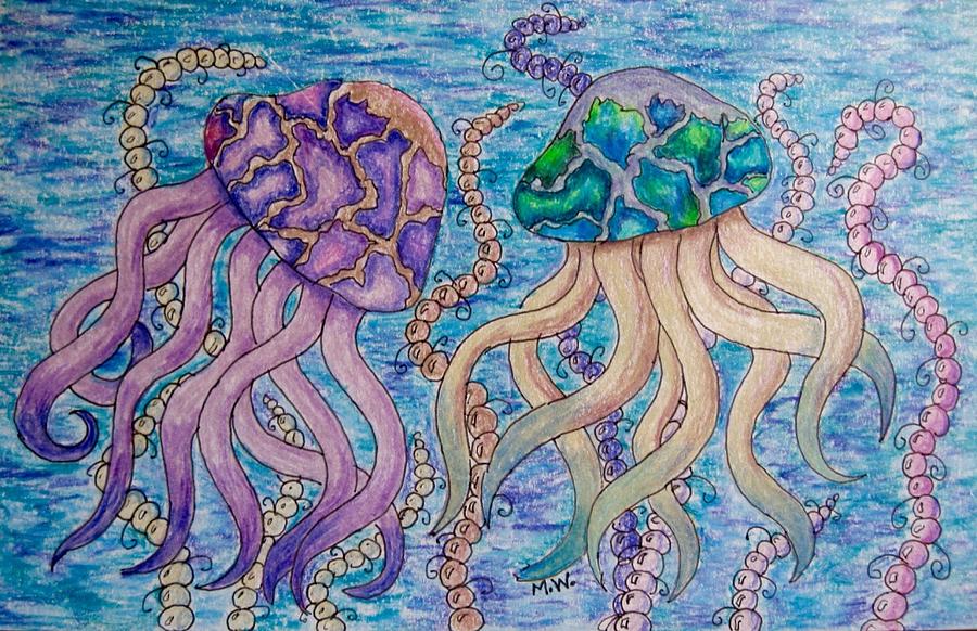 2 Jellies, in the sea Drawing by Megan Walsh
