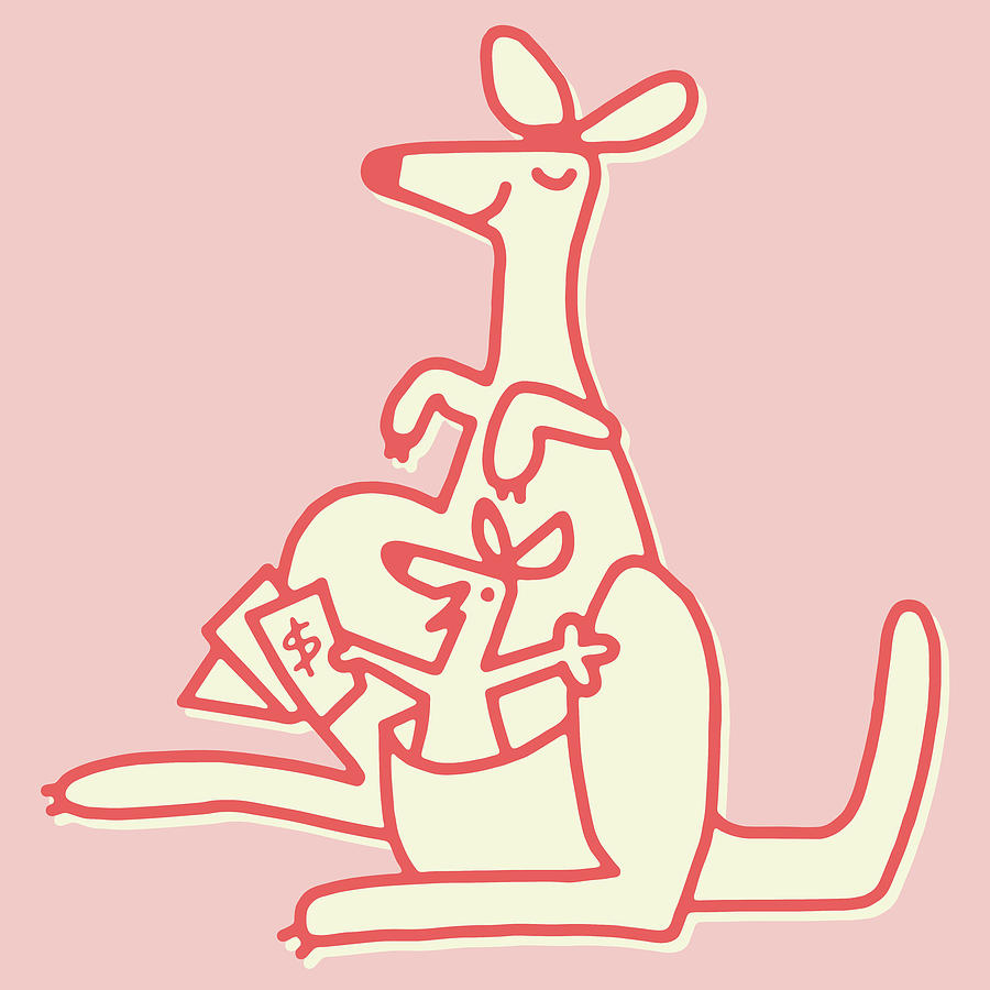 Vintage Drawing - Kangaroo and Joey With Money #2 by CSA Images