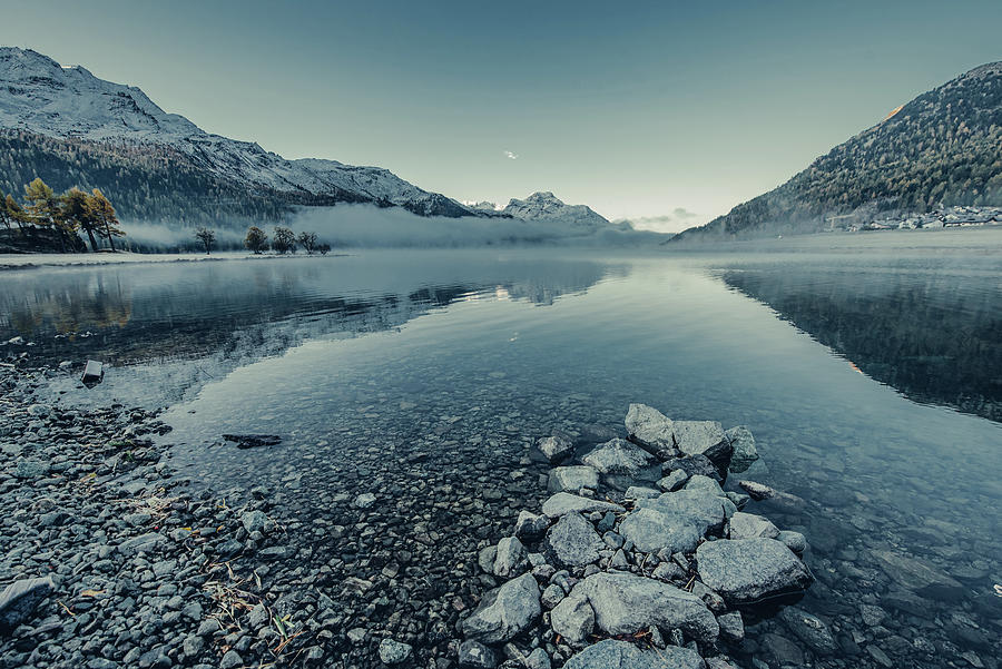 Lake Silvaplana At Fog In Sunrise, In The Upper Engadine, St. Moritz In The Engadine, Switzerland #2 Photograph by Christian Frumolt