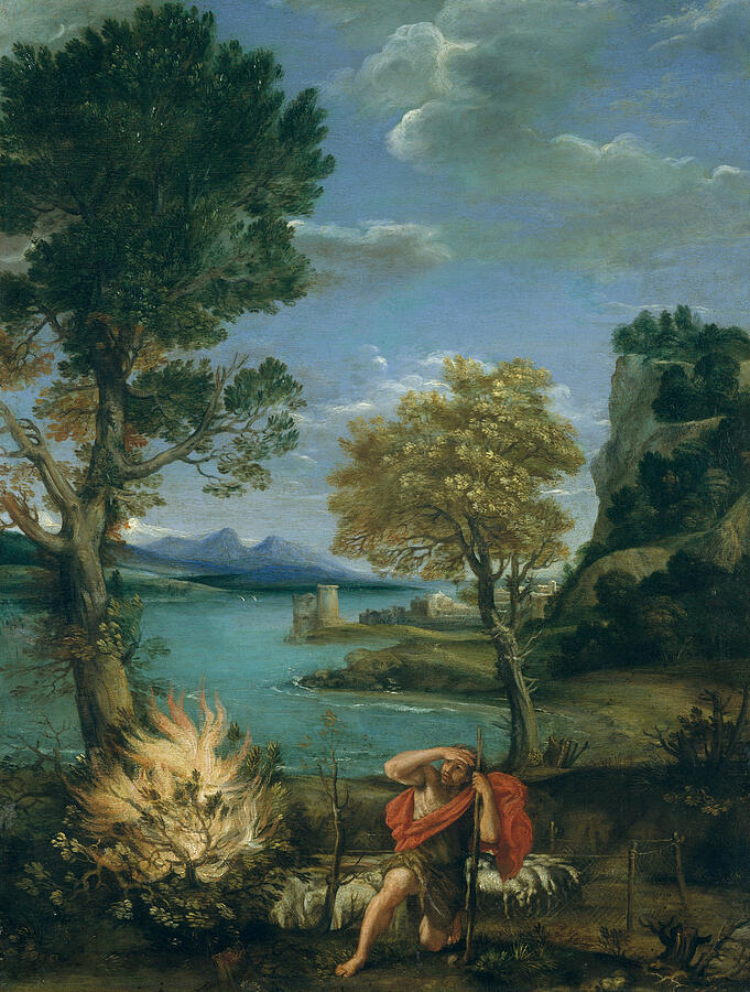 Landscape with Moses and the Burning Bush #2 Painting by Domenichino
