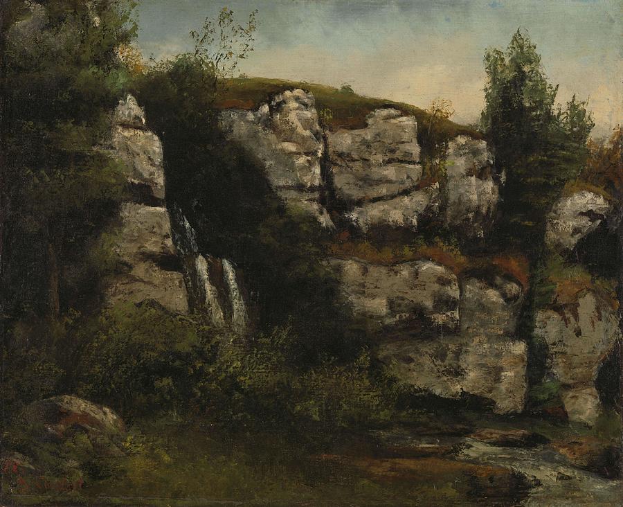 Landscape with Rocky Cliffs and a Waterfall. Painting by Gustave Courbet