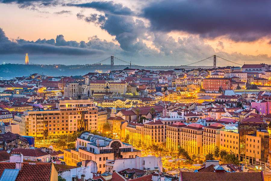Architecture Photograph - Lisbon, Portugal Skyline After Sunset #2 by Sean Pavone