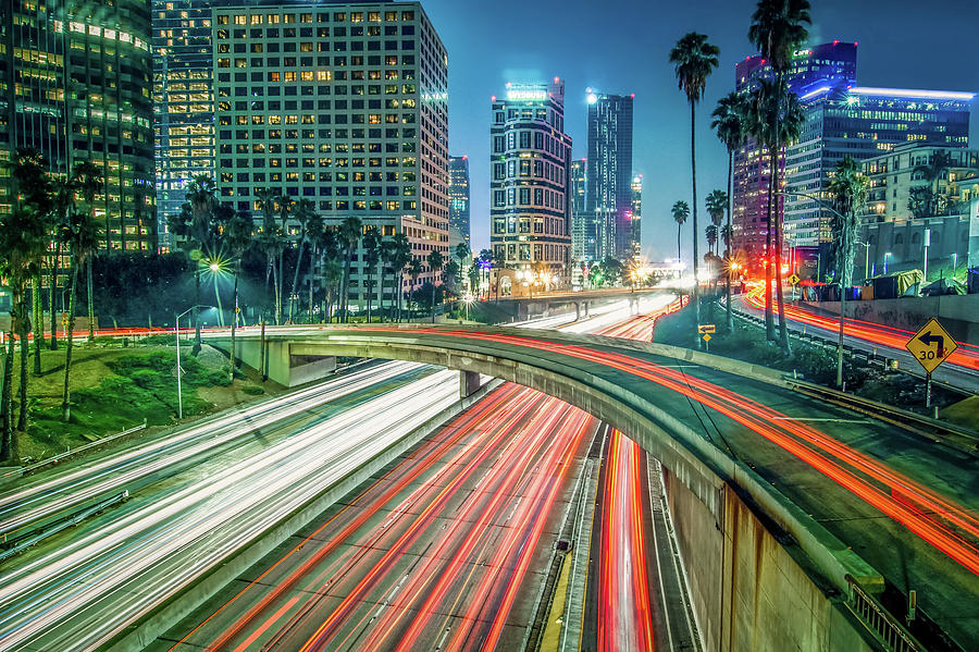 Los Angeles california city downtown at night #2 Photograph by Alex Grichenko