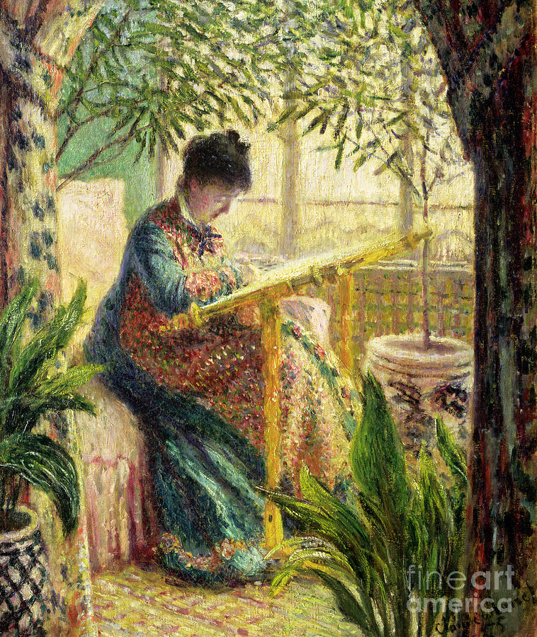 Madame Monet Embroidering Painting by Claude Monet