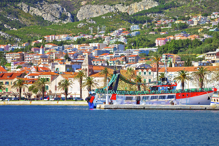 Makarska boats and waterfront under Biokovo mountain view #2 Photograph by Brch Photography