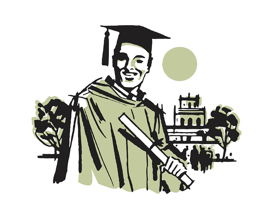 Vintage Drawing - Male Graduate Holding Diploma #2 by CSA Images