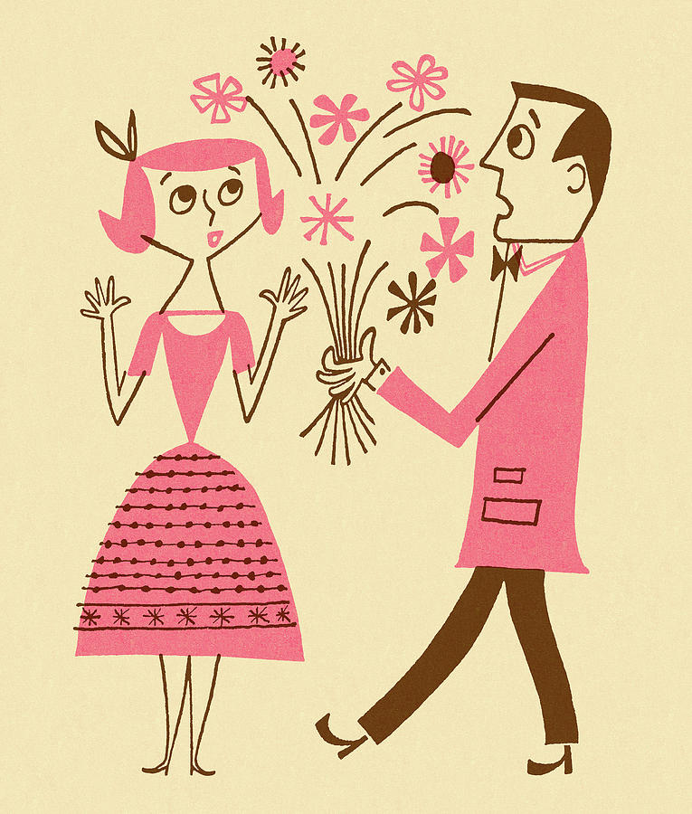 Vintage Drawing - Man Giving Woman Flowers #2 by CSA Images