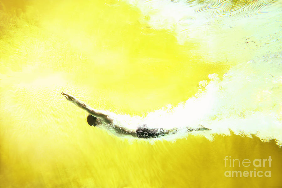 Man Swimming Underwater On Yellow #2 Photograph by Stanislaw Pytel
