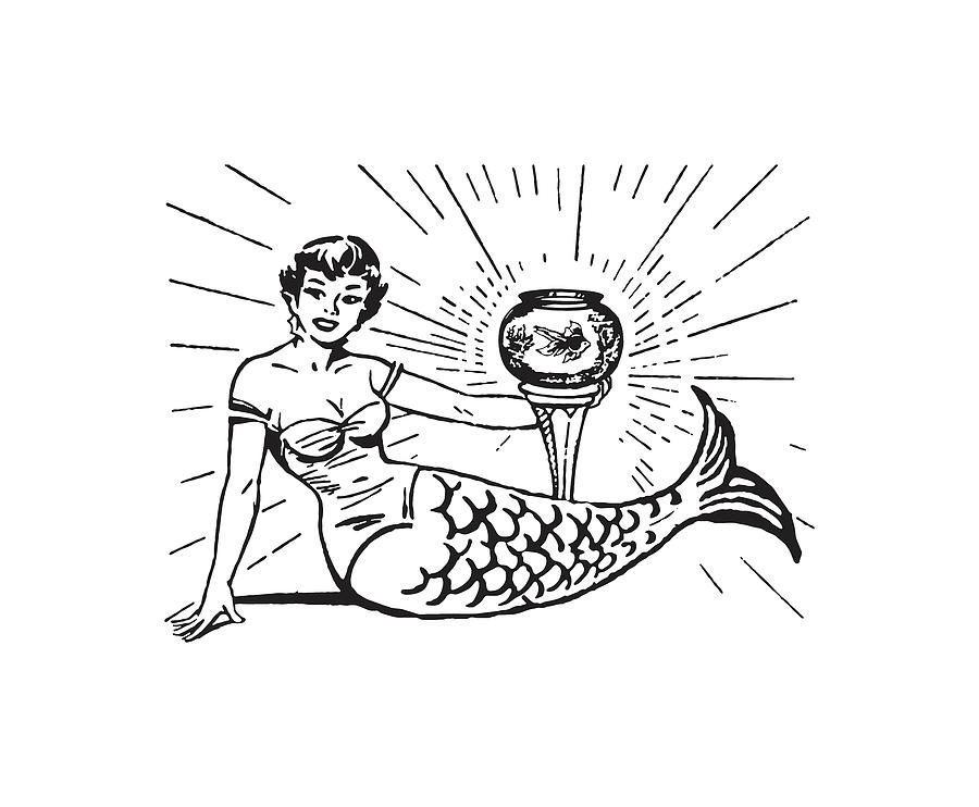 Black And White Drawing - Mermaid and Fishbowl #2 by CSA Images