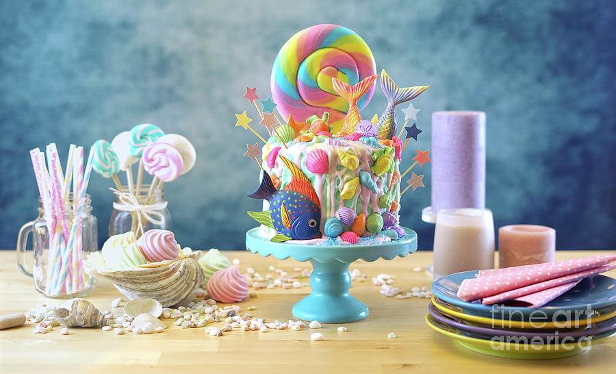 Mermaid theme candyland cake with glitter tails, shells and sea creatures. #2 Photograph by Milleflore Images