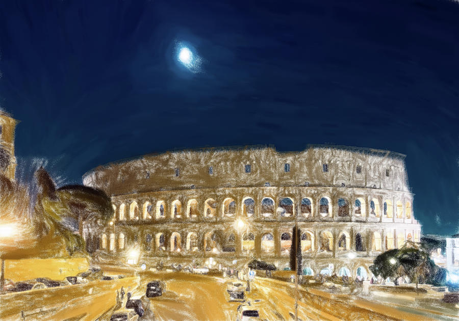 Moon Over Colosseum In Rome Digital Art