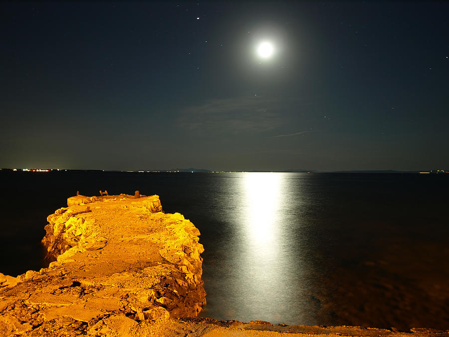 Moonshine Seascape And Old Pier #2 Photograph by Goranstimac