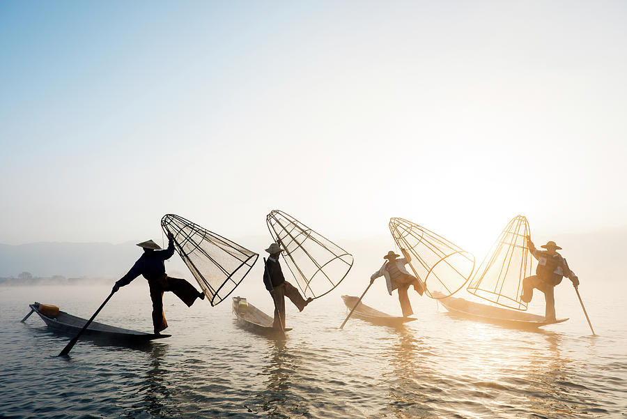 Myanmar, Fishermen On Inle Lake #2 Digital Art by Jordan Banks