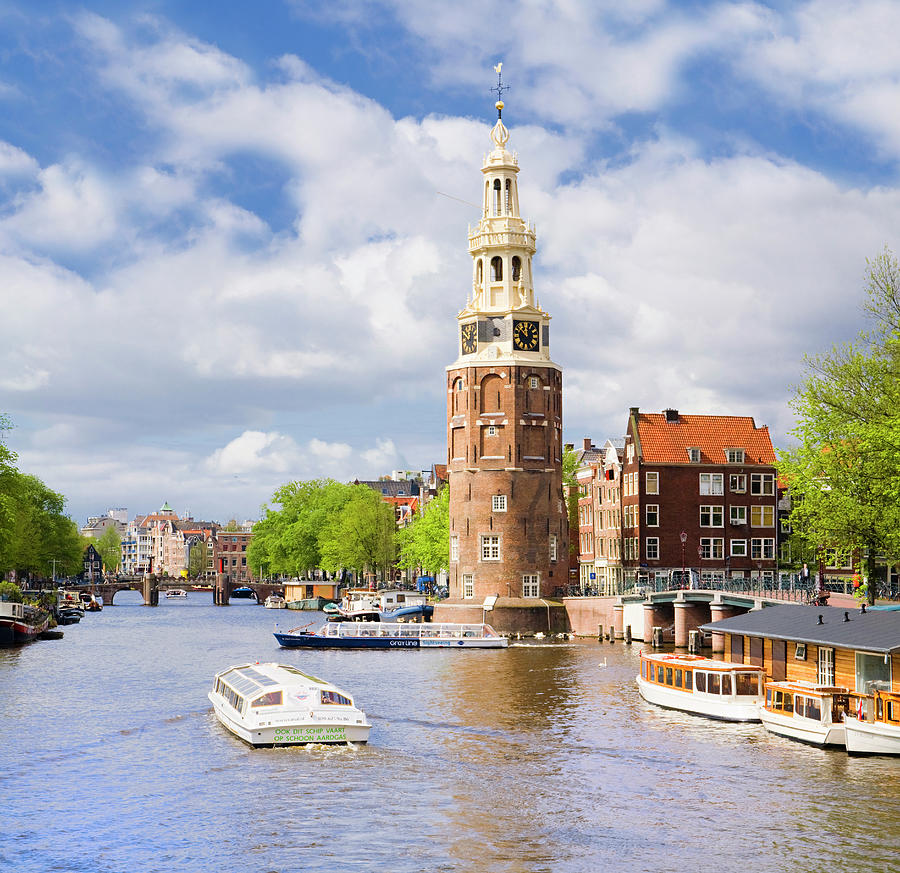 Netherlands, North Holland, Amsterdam, Benelux, Montelbaanstoren Tower And Oudeschans Canal #2 Digital Art by Sandra Raccanello