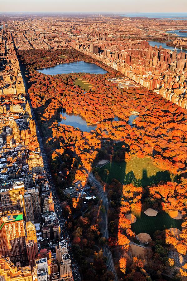 New York City, Manhattan, Central Park, Aerial View Towards Central Park With Foliage At Sunset #2 Digital Art by Antonino Bartuccio