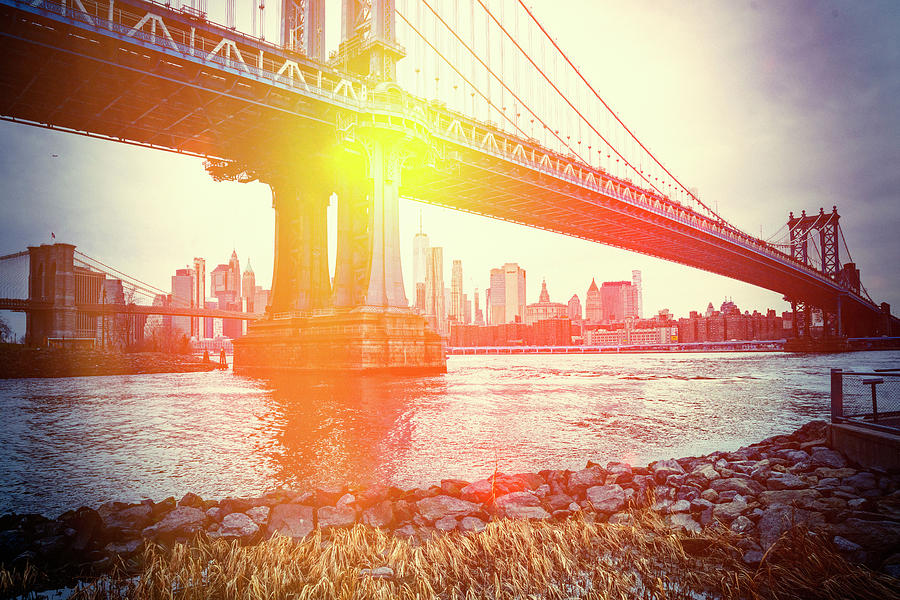 New York, New York City, Brooklyn, Manhattan Bridge And Lower Manhattan #2 Digital Art by Lumiere