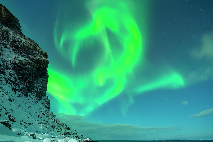 Norway, Nordland, Lofoten Islands, Vestvagoy, Uttakleiv Beach By Night With Aurora Borealis #2 Digital Art by Sebastian Wasek