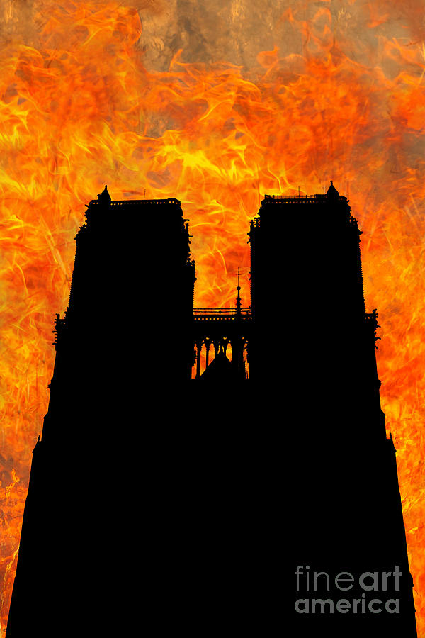 Notre Dame church silhouette on fire #2 Photograph by Benny Marty
