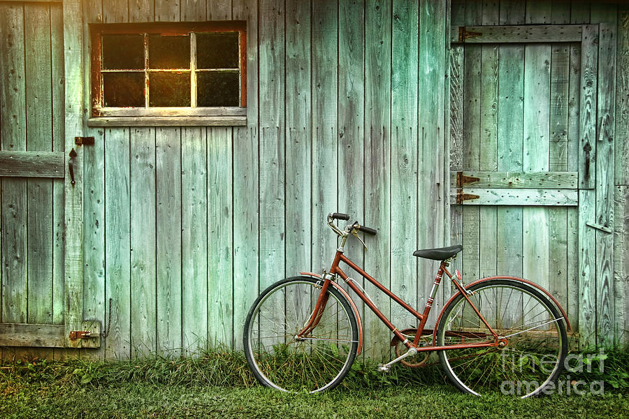 Basket Photograph - Old Bicycle Leaning Against Grungy Barn by Sandra Cunningham