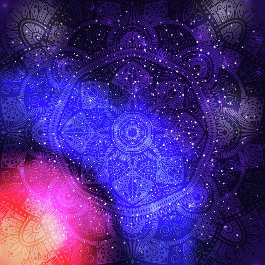 Ornamental Floral Ethnic Mandala On Purple Galaxy Background