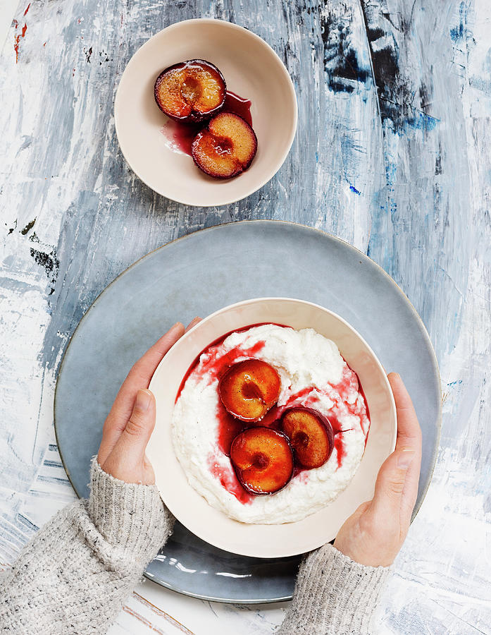 Oven-baked Plums On Semolina Pudding #2 Photograph by Anna Haas / Stockfood Studios