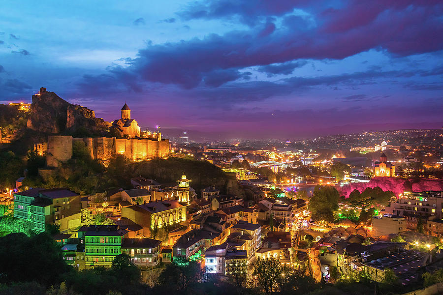 Panoramic view of Tbilisi, Georgia after sunset Photograph by T