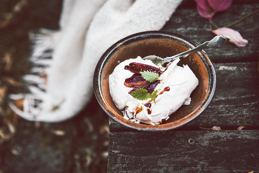 Pavlova With Whipped Cream And Spiced Plums In Cider #2 Photograph by Claudia Gdke