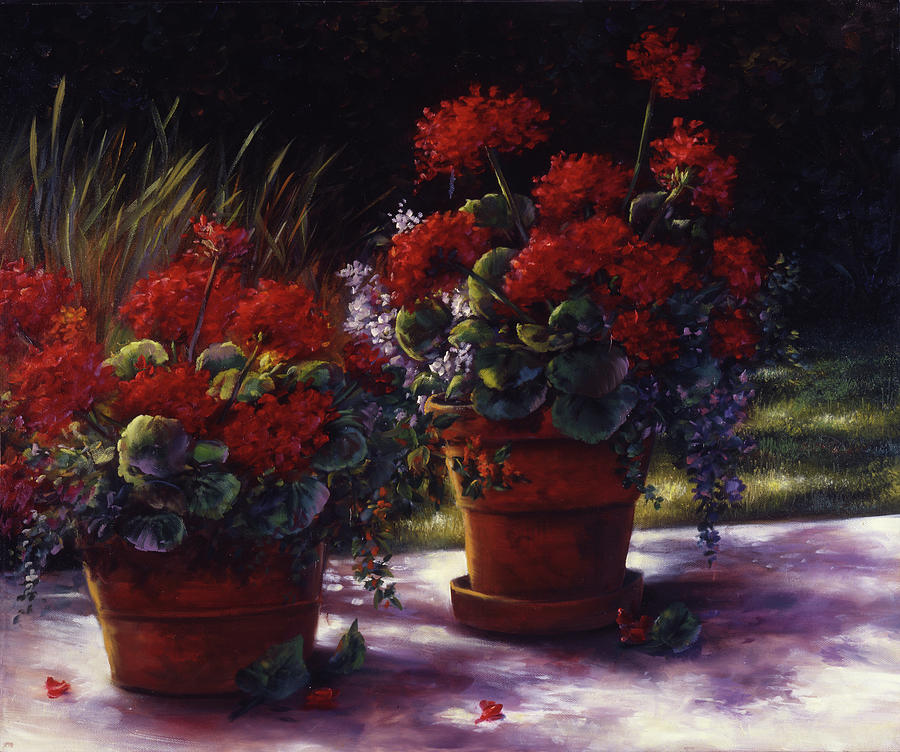 Red Geranium Pots Painting by Lynne Pittard
