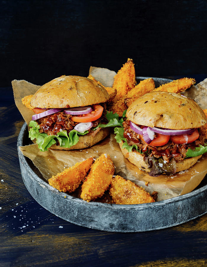 Pulled Jackfruit Burgers With Potato Wedges #2 Photograph by Anna Haas / Stockfood Studios