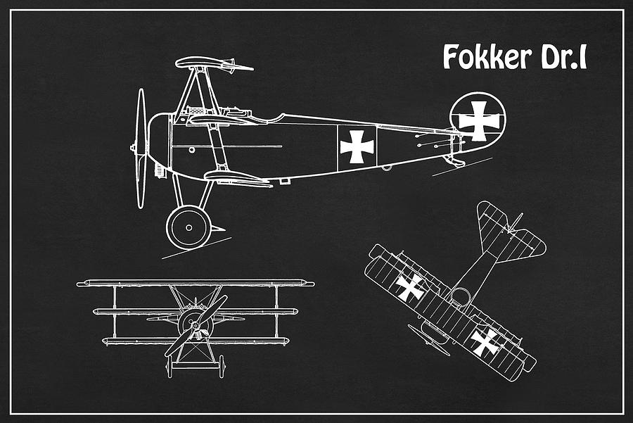 Transportation Drawing - Red Baron Fokker Dr.1 - Airplane Blueprint. Drawing Plans for the WWI Fokker Dr1 #2 by SP JE Art