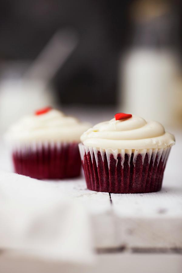 Red Velvet Cup Cake Topped With Cream Cheese Frosting #2 Photograph by Yellow Street Photos