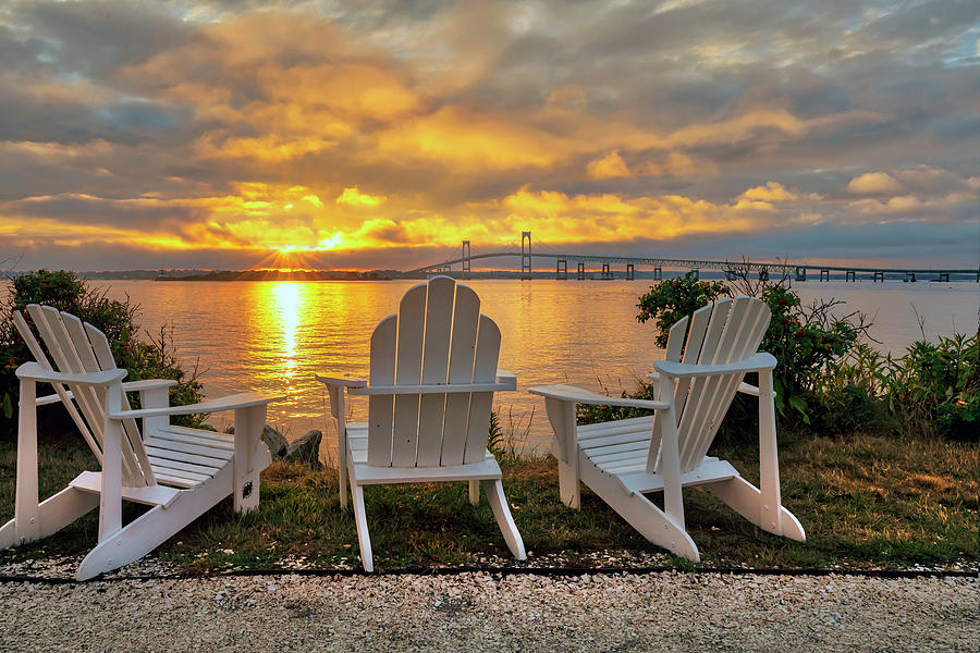 Rhode Island, Newport, Adirondack Chairs Facing Claiborne Pell Bridge Over Narragansett Bay #2 Digital Art by Lumiere