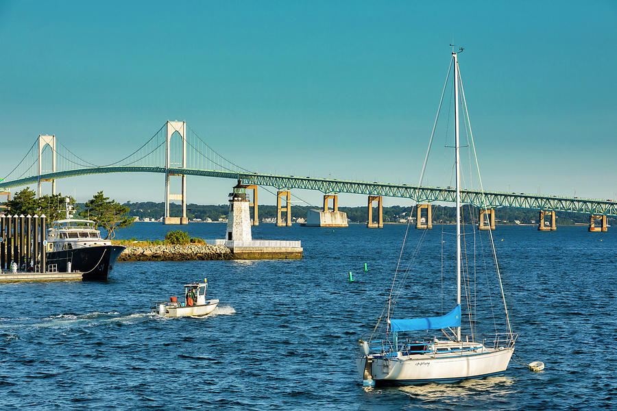 Rhode Island, Newport, Newport Harbor Lighthouse, And Claiborne Pell Bridge #2 Digital Art by Lumiere