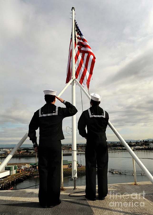 Sailors Raise The National Ensign #2 Photograph by Stocktrek Images