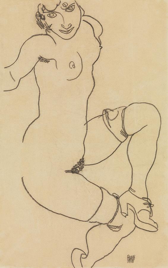 Seated Nude in Shoes and Stockings  #4 Drawing by Egon Schiele